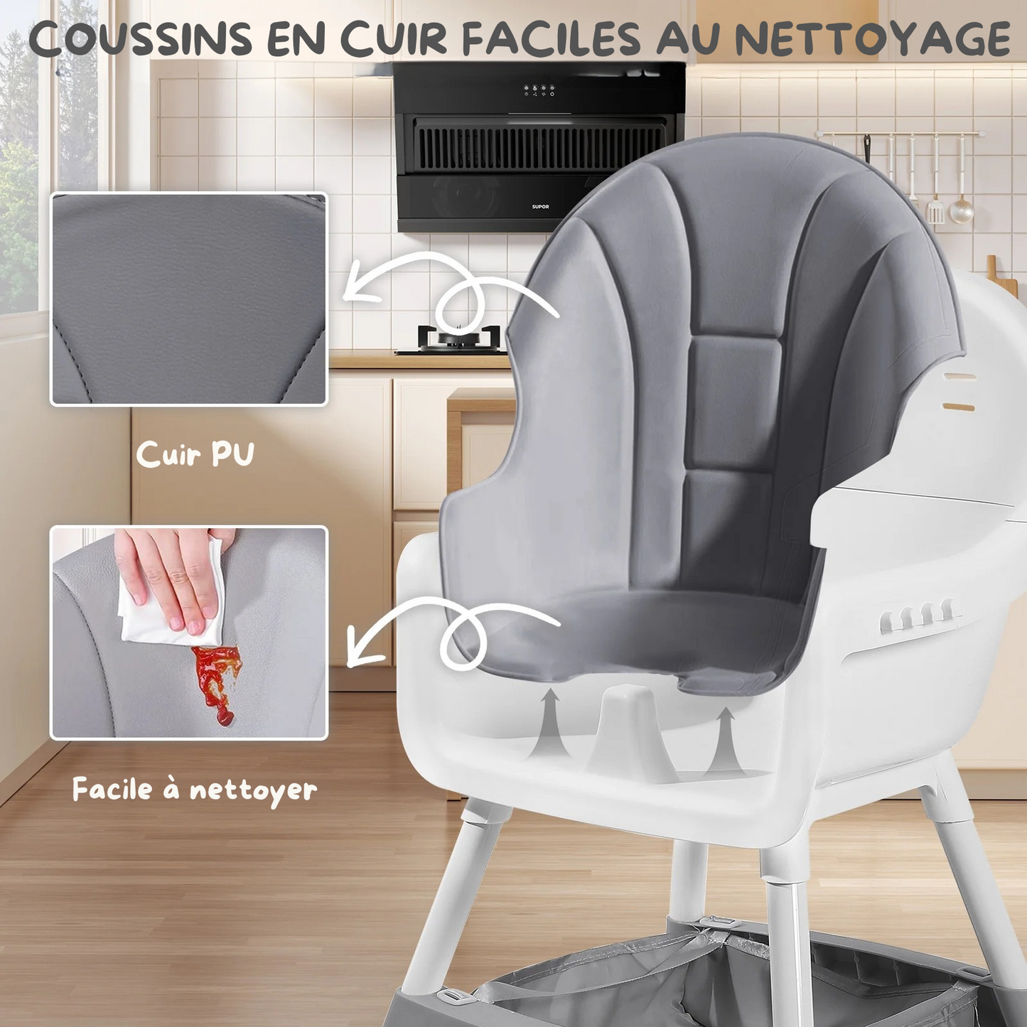 Chaise Haute Bébé Pliable avec Coussin en Simili-Cuir - Plateau Double et Sécurité Maximale
