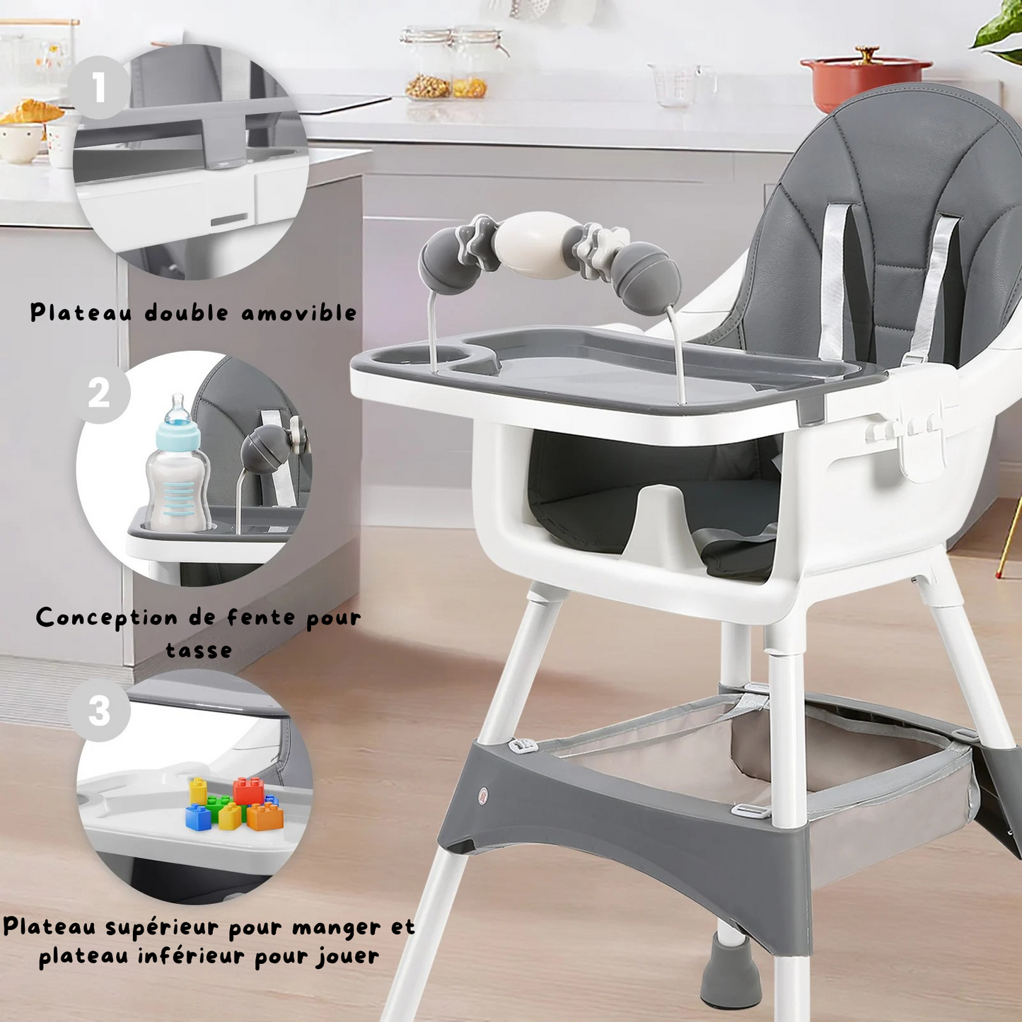 Chaise Haute Bébé Pliable avec Coussin en Simili-Cuir - Plateau Double et Sécurité Maximale