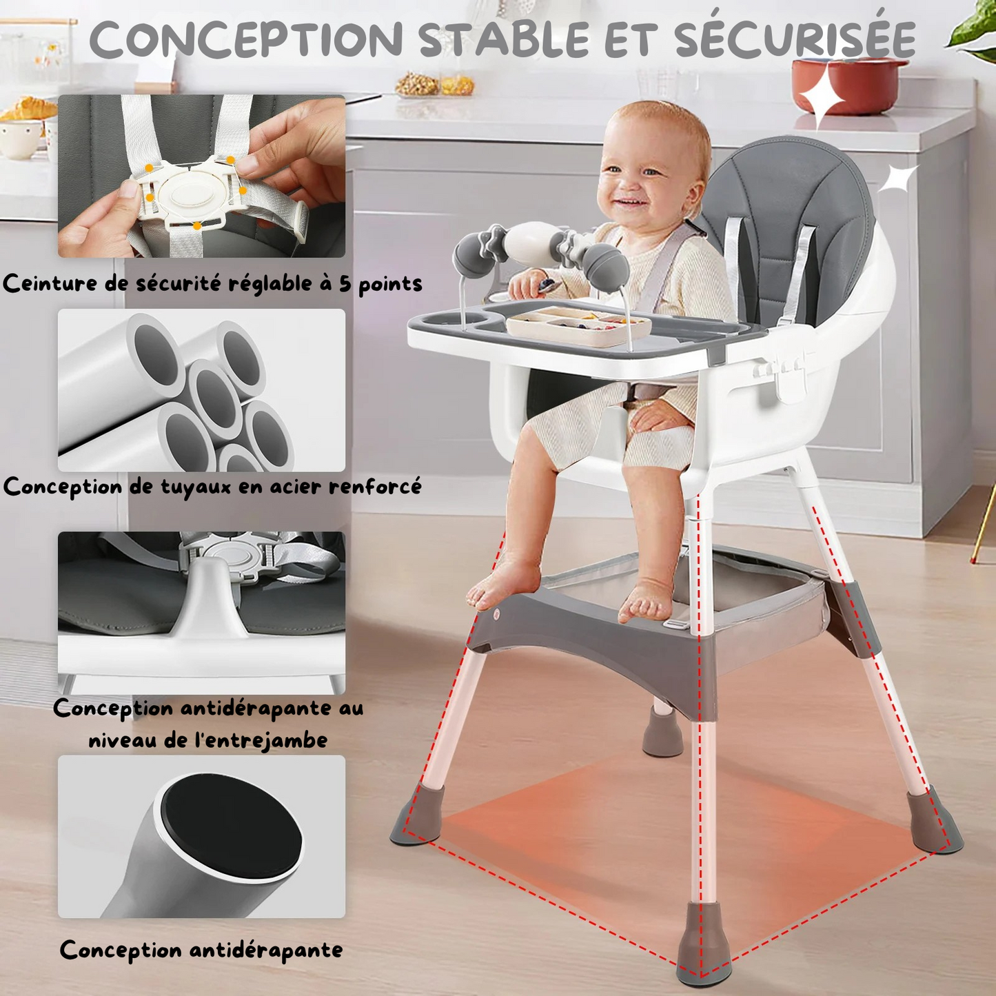 Chaise Haute Bébé Pliable avec Coussin en Simili-Cuir - Plateau Double et Sécurité Maximale