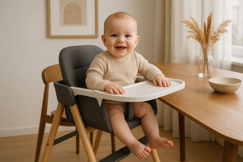 a baby sitting happily in a stylish high chair at the family dining table