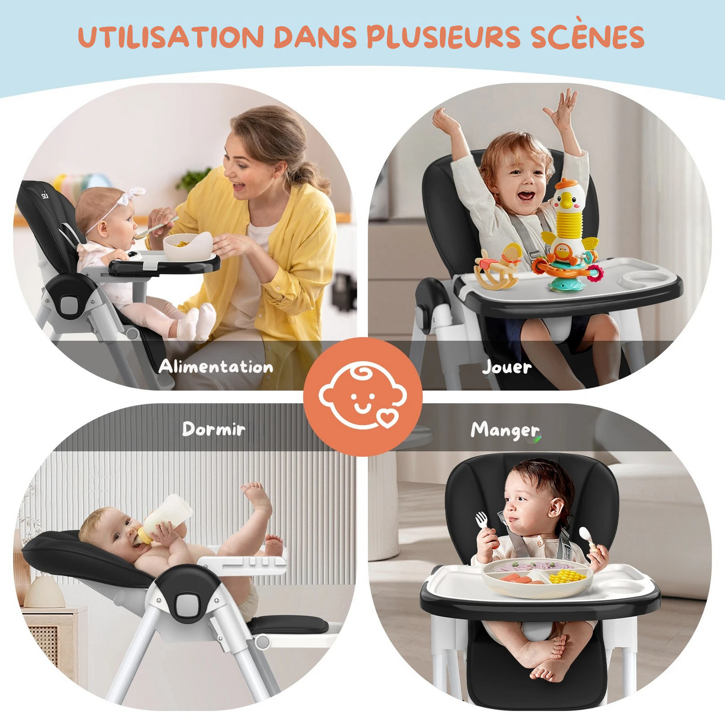 Chaise Haute Évolutive 8-en-1 - L'Alliance Parfaite du Confort et de la Sécurité (6-36 mois)